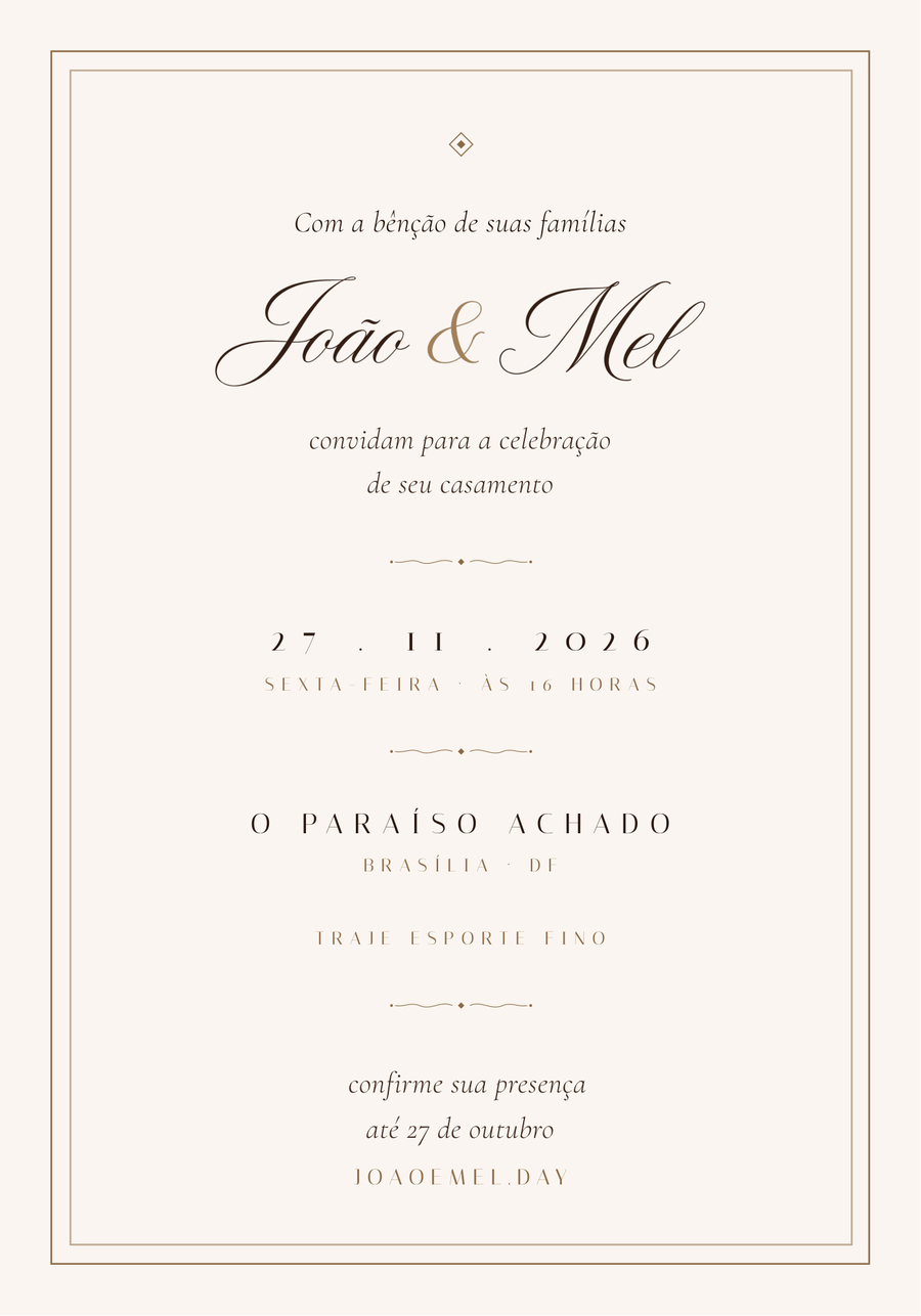 Verso do convite — Com a bênção de suas famílias, João & Mel convidam para a celebração de seu casamento. 27 de novembro de 2026, sexta-feira, às 16 horas, no Paraíso Achado, Brasília DF. Traje esporte fino. Confirme sua presença até 27 de outubro em joaoemel.day.